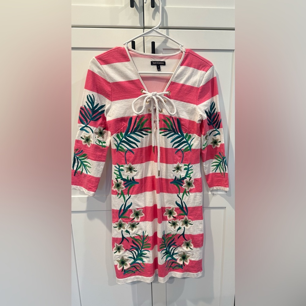 Pink and White Striped Dress with Floral Embroidery